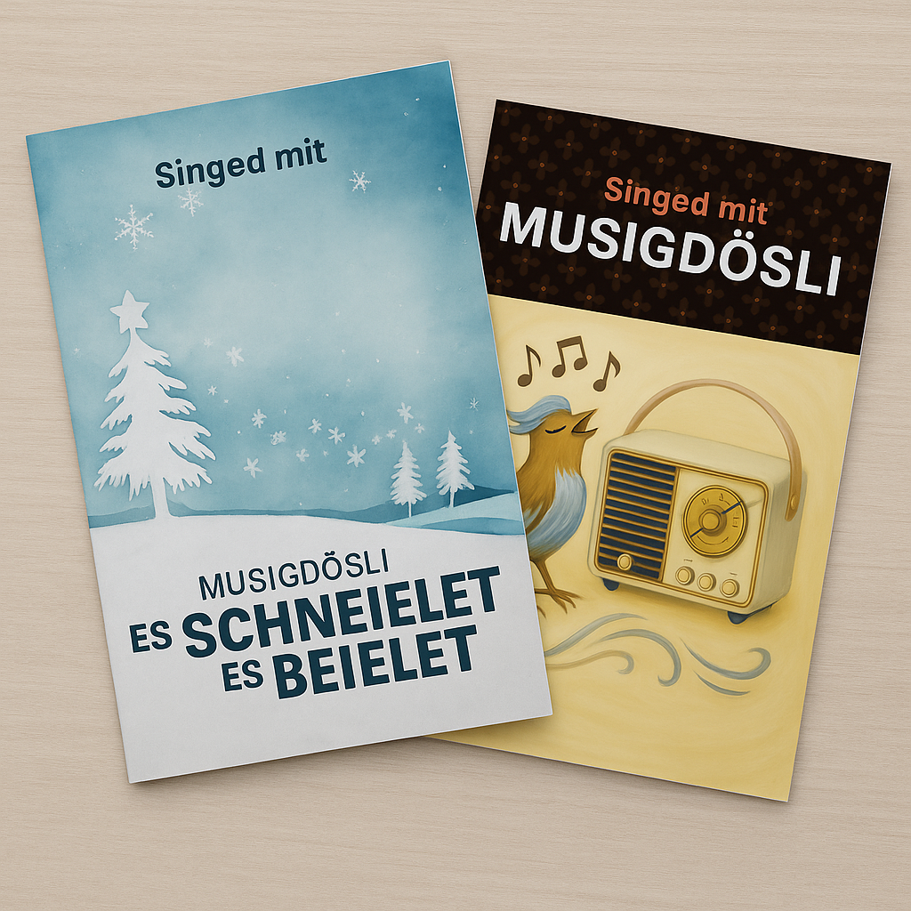 Bald erhältlich: Die zwei Singhefter «Musigdösli» und «Es schneielet, es beielet». Im Bild liegen sie gefächert übereinander.