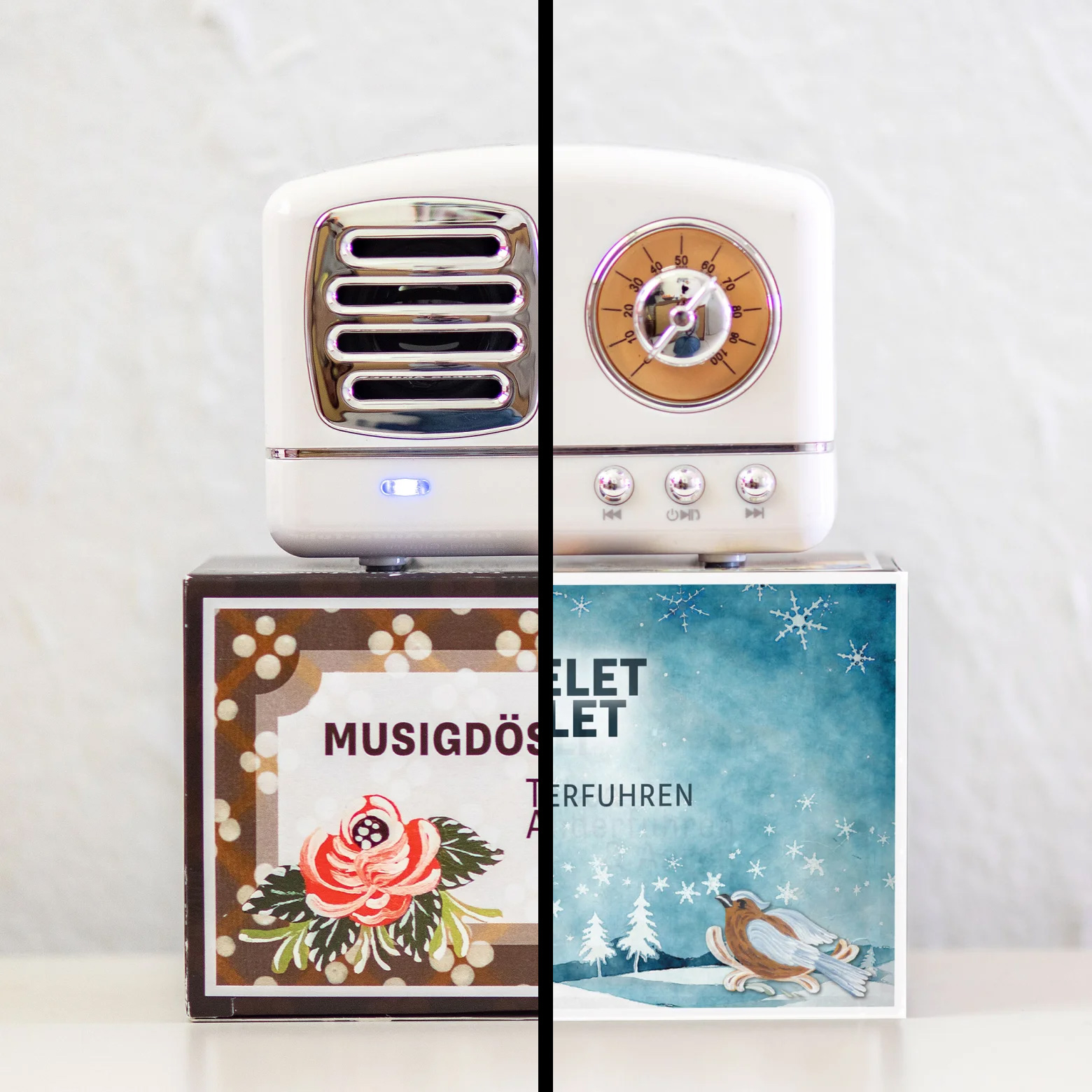 Linke Bildhälfte: Das Abspielgerät mit dem Album «Musigdösli» steht auf seiner Box. Recht Bildhälfte: Weihnachtsmusigdösli «Es schneielet, es beielet» steht auf seiner winterlichenBox.